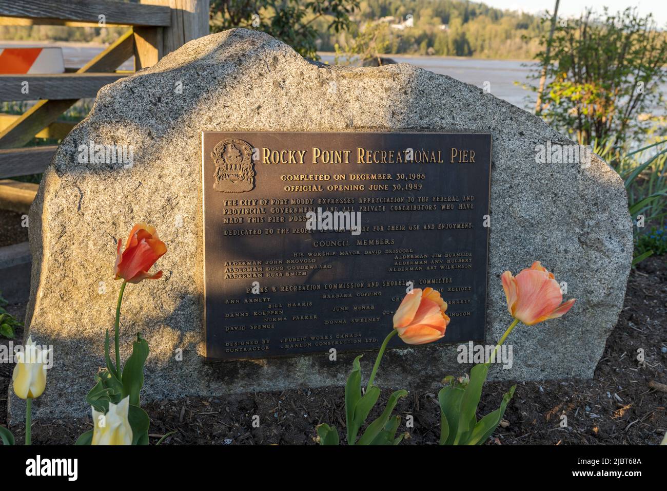 Port Moody, BC, Canada - April 20 2021 : Monument of Rocky Point recreational pier. Stock Photo