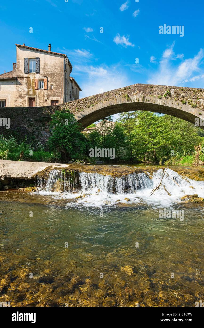 France, Herault, Lodeve, stopover town on the way to Santiago de Compostela along the way of Arles (via Tolosana), Montifort bridge over the Soulondres river Stock Photo