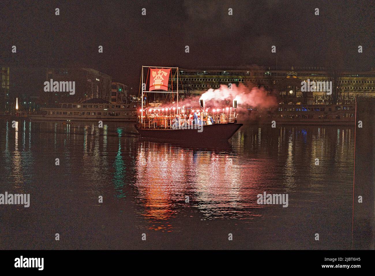 Ship opens the carnival of Lucerne, Switzerland, with Big Bangs Stock Photo