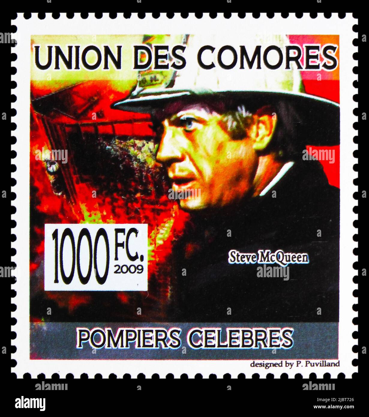 MOSCOW, RUSSIA - MAY 20, 2022: Postage stamp printed in Comoros shows Steve McQueen, Famous firemen serie, circa 2009 Stock Photo