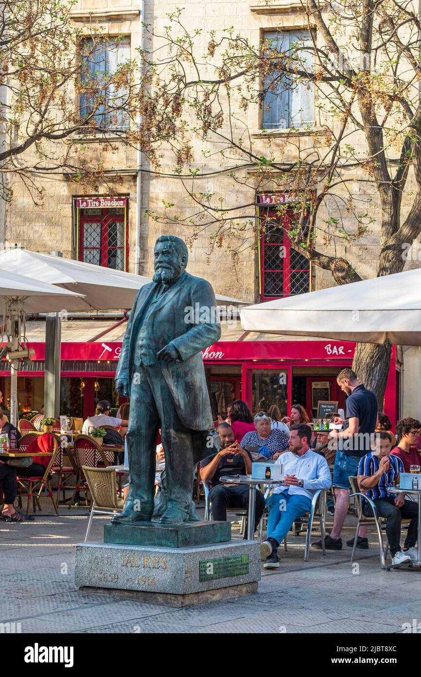 France, Herault, Montpellier, historic centre, Jean Jaures square, statue of Jean Jaures (1859-1914) Stock Photo