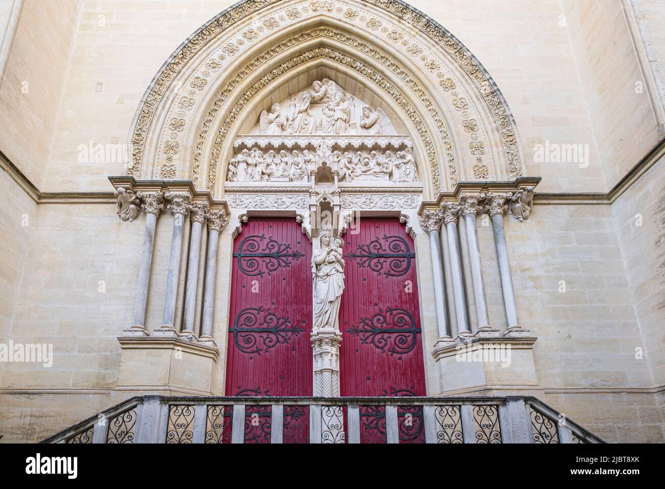 France, Herault, Montpellier, 14th century Saint-Pierre cathedral, portal of the transept dedicated to the Virgin Mary, made by Auguste Baussan Stock Photo
