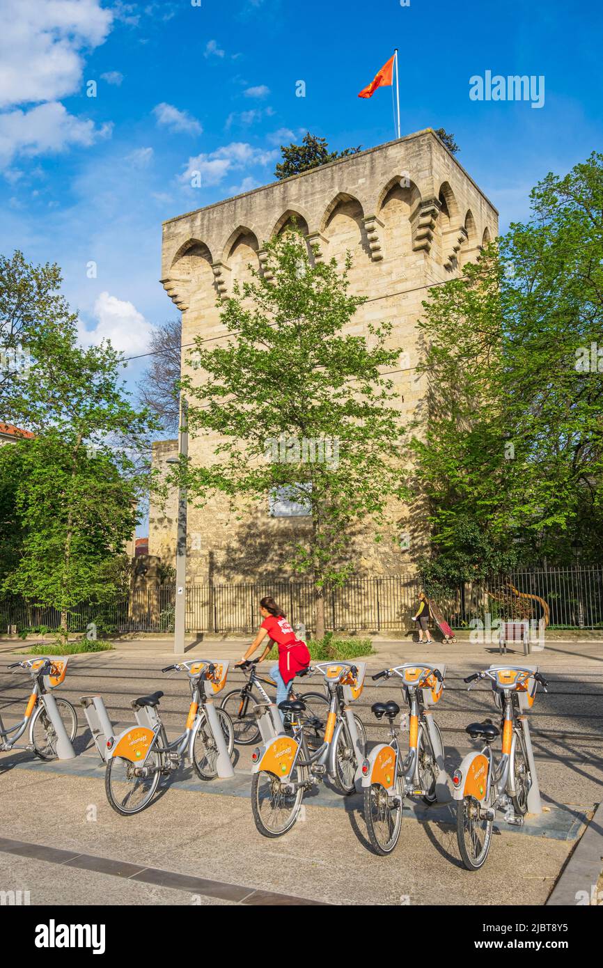 France, Herault, Montpellier, historic centre, Tour des Pins, vestige of the old ramparts of the 12th and 13th centuries and Velomagg self service bikes Stock Photo