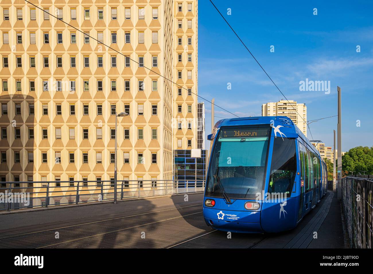 France, Herault, Montpellier, tramway along Polygone shopping centre Stock Photo