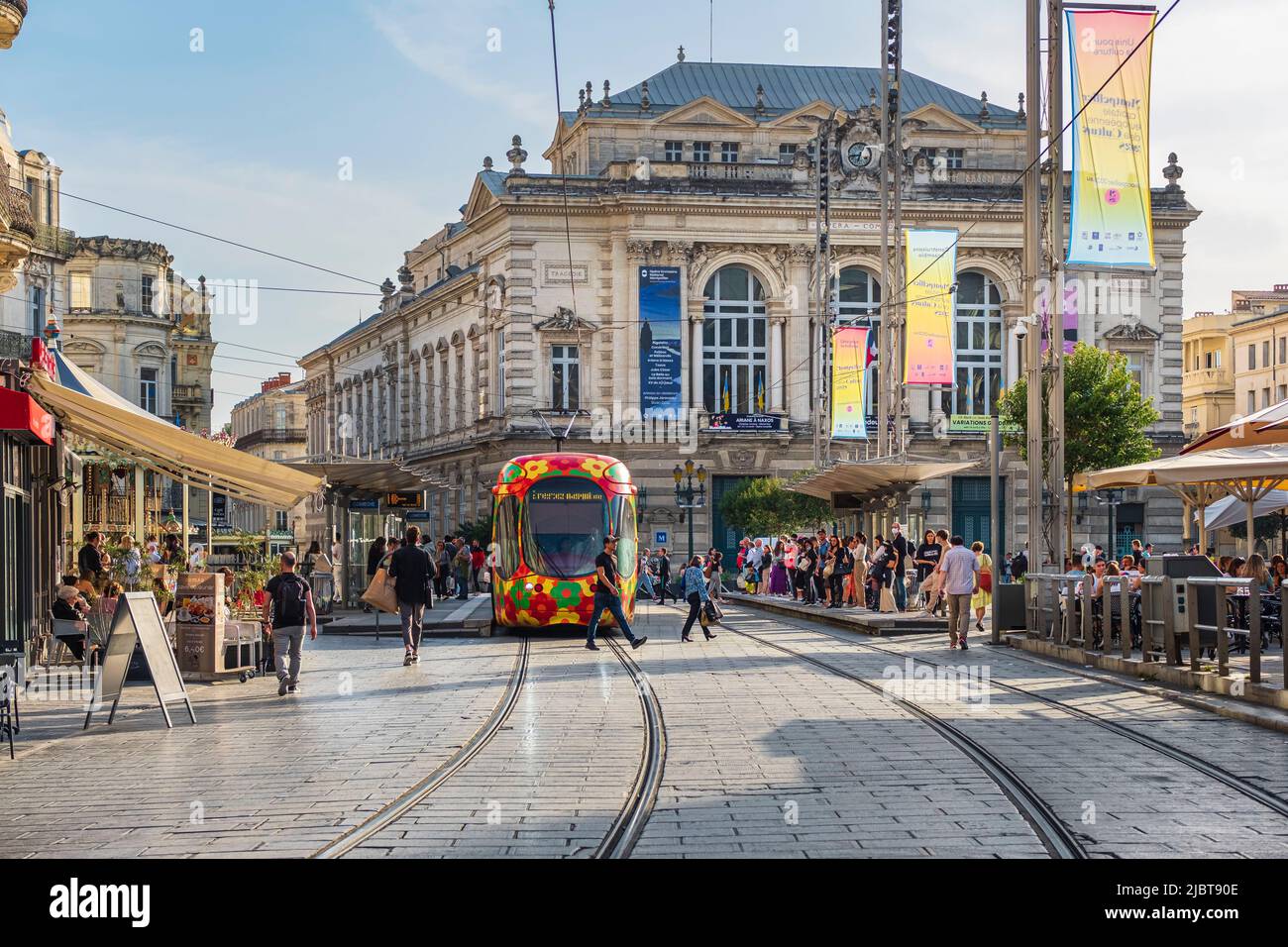 France, Herault, Montpellier, historic centre, Comedie square, Opera Comedie and the tramway Stock Photo