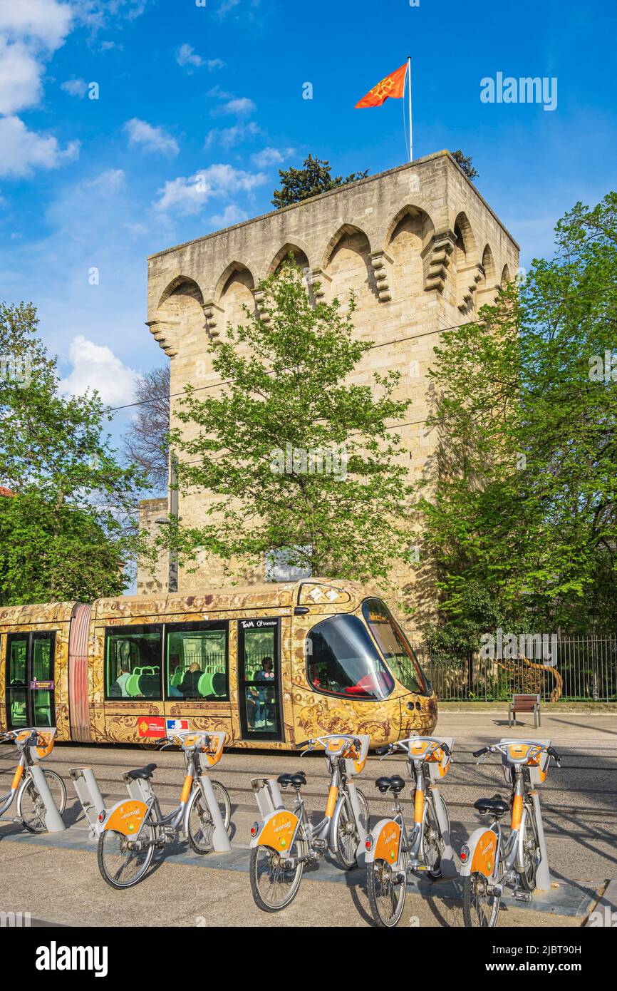 France, Herault, Montpellier, historic centre, Tour des Pins, vestige of the old ramparts of the 12th and 13th centuries and Velomagg self service bikes Stock Photo