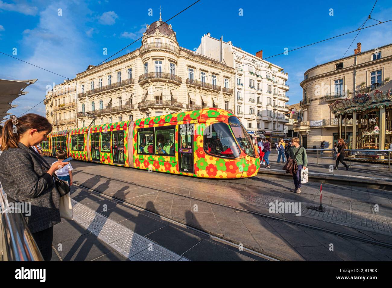 France, Herault, Montpellier, historic centre, tramway on Comedie square Stock Photo