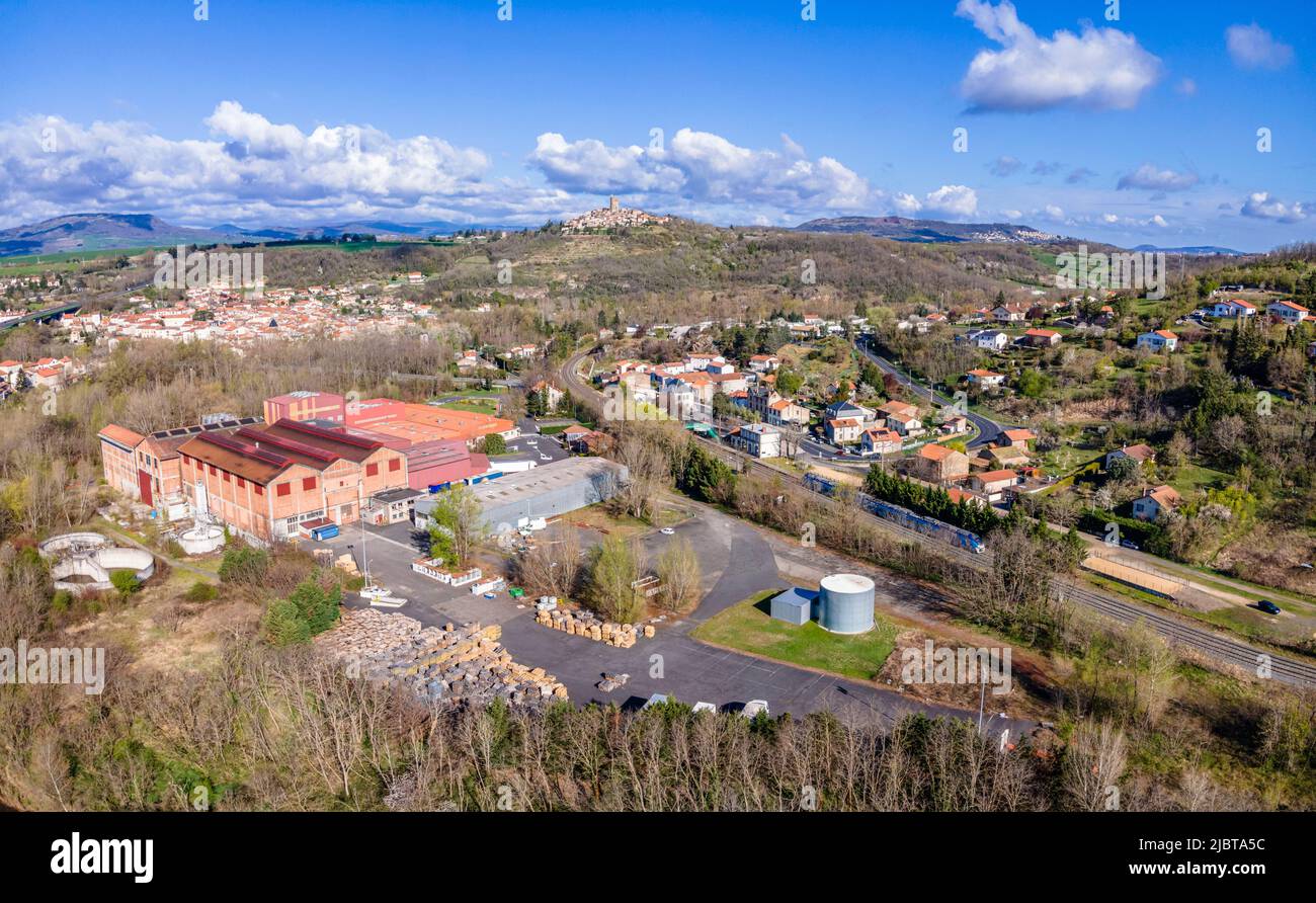 France, Puy de Dome, Parent-Coudes, the station and CGP Flexible company, Allier valley (aerial view) Stock Photo