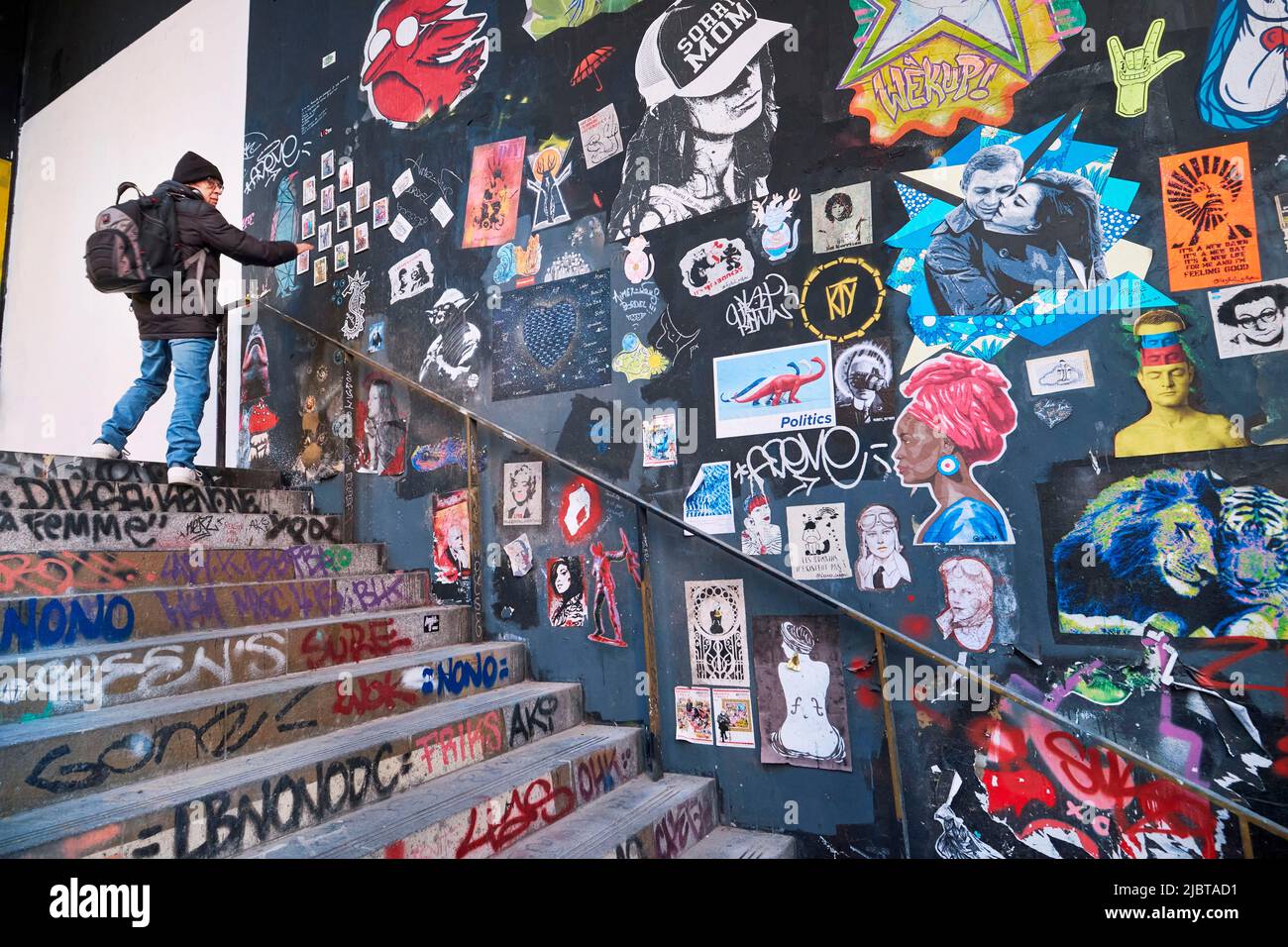 France, Paris, Paris Rive Gauche district, Spot 13, an ephemeral place of Street Art located under the LavoMatik bookstore gallery, specializing in Urban Arts, Staircase descending to the alley Paris Ivry Stock Photo