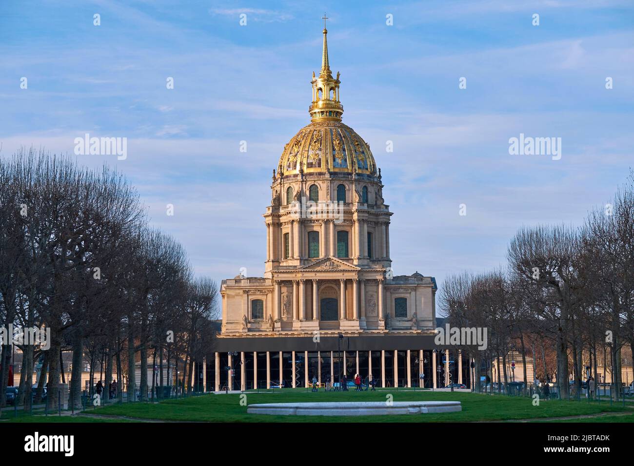 France, Paris, Dôme des Invalides from Place Vauban, obscured by a large hangar of the Celine company, a French brand of ready to wear and luxury goods Stock Photo