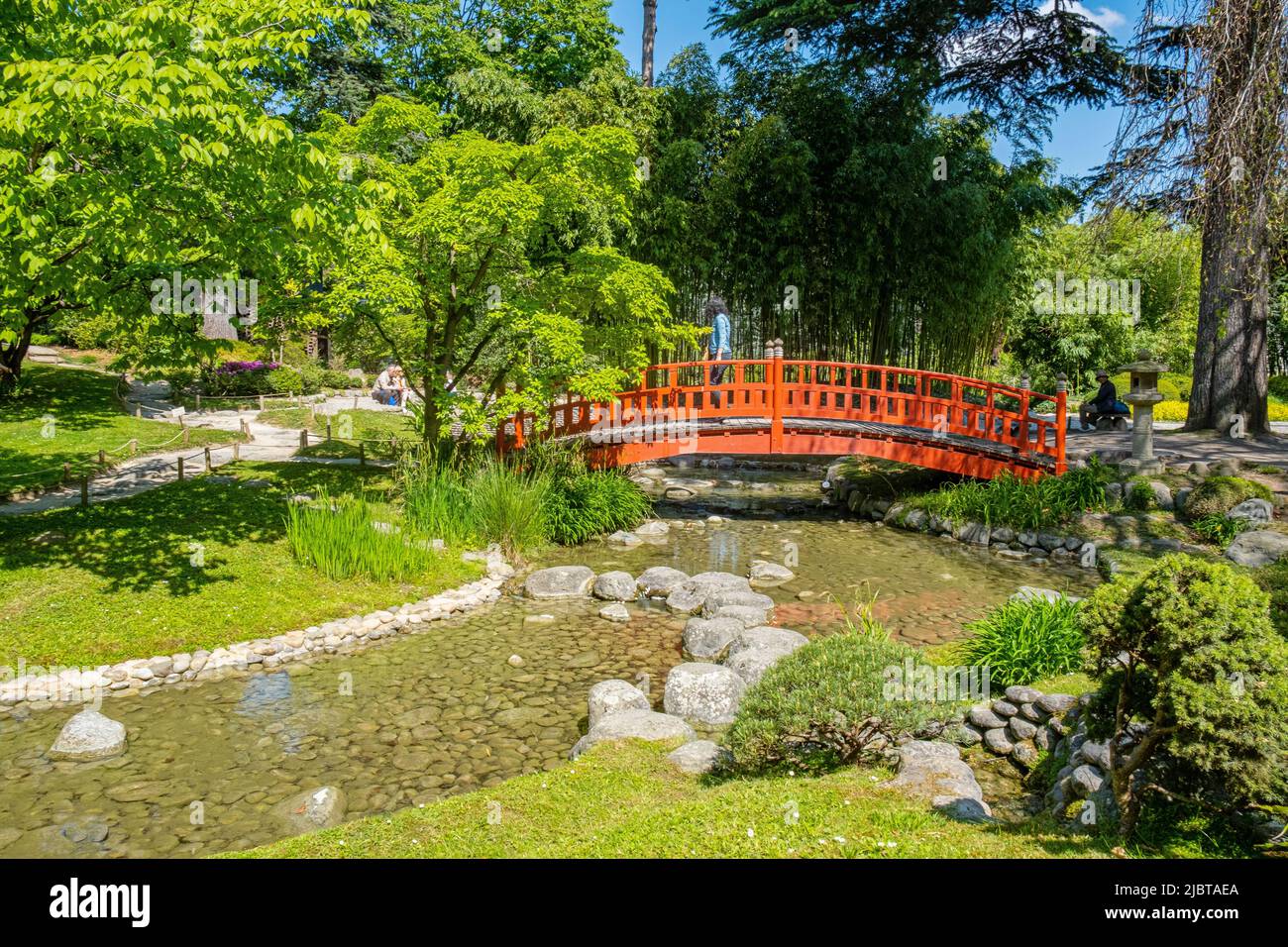France, Hauts de Seine, Boulogne Billancourt, Albert Kahn departmental garden and museum, the contemporary Japanese garden, the Japanese bridge Stock Photo
