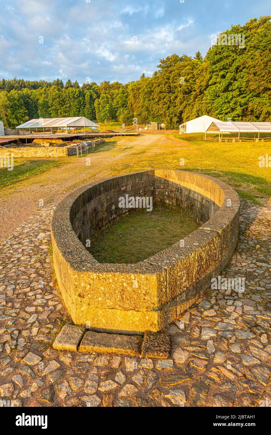 France, Saone-et-Loire, Saint-Leger-sous-Beuvray, Bibracte, a Gaulish oppidum or fortified city, was the capital of the Aedui and one of the most important hillforts in Gaul, Monumental Fountain, Mont Beuvray, Parc Naturel Regional du Morvan (Regional Natural Park of Morvan) Stock Photo