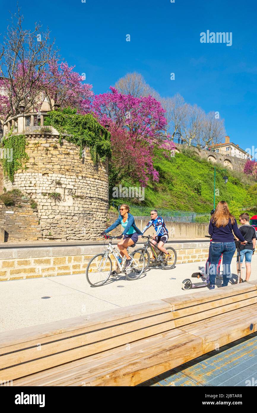 France, Ain, Trevoux, the new pier along the Saone open to pedestrians and cyclists in March 2022 Stock Photo