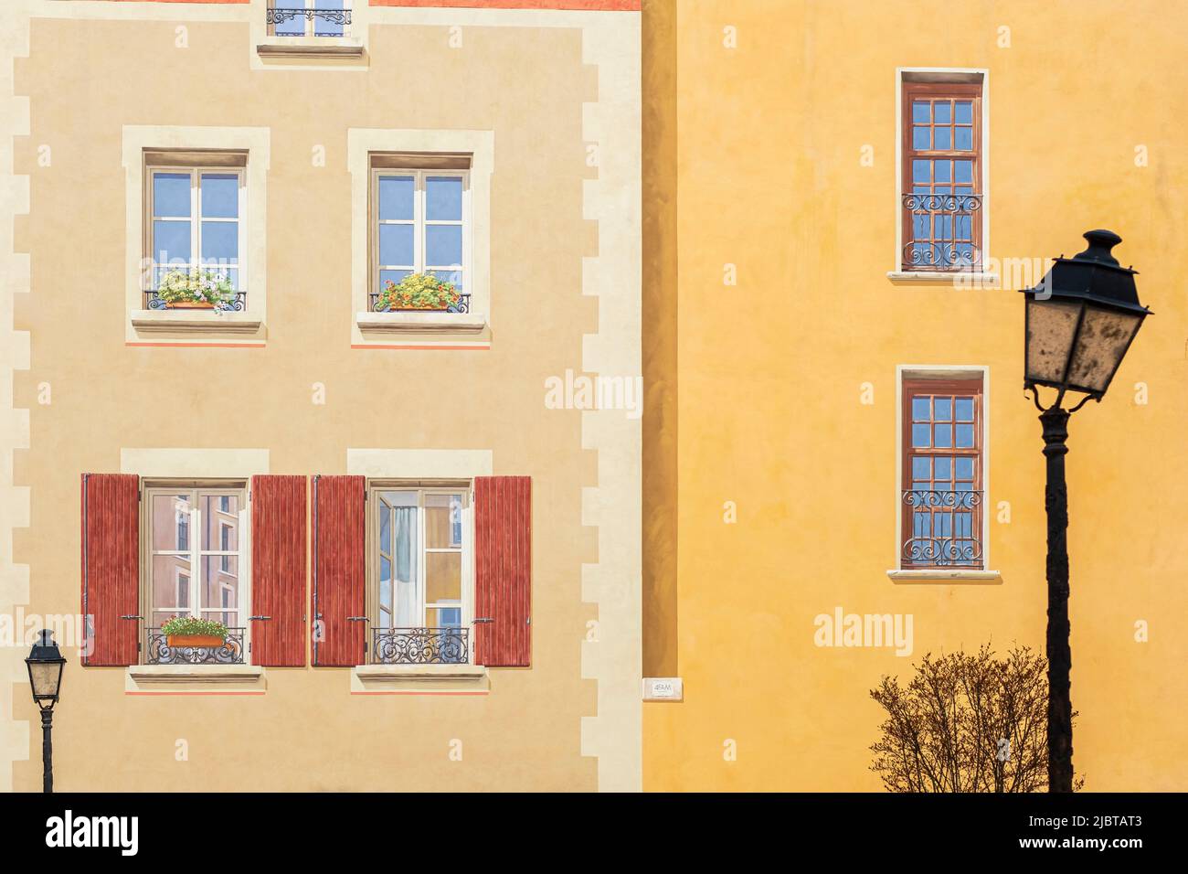 France, Ain, Trevoux, trompe l'oeil facade in the historic center Stock Photo