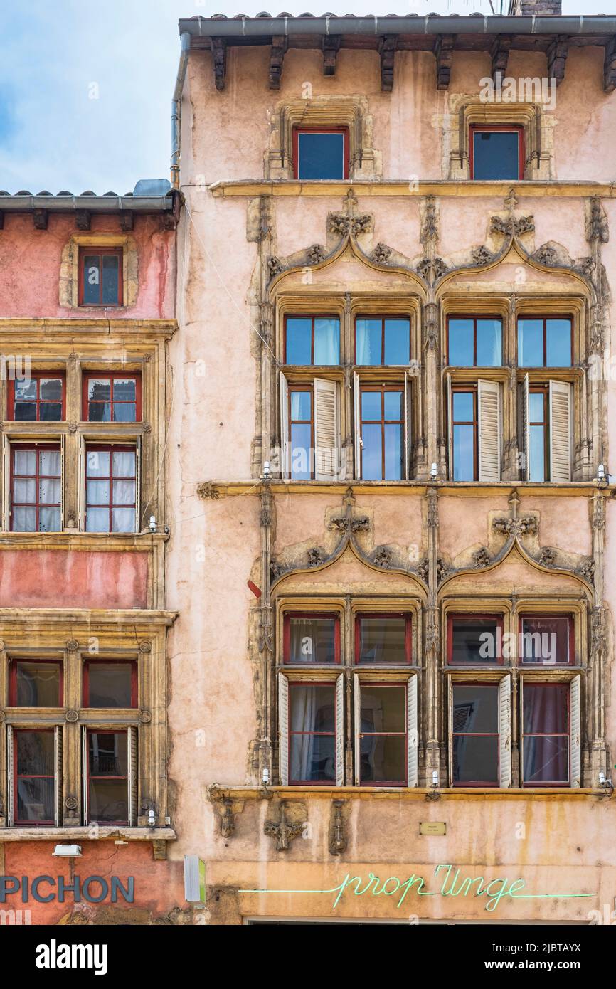 France, Rhone, Villefranche-sur-Saone, Rue Nationale, 15th and 16th centuries houses Stock Photo