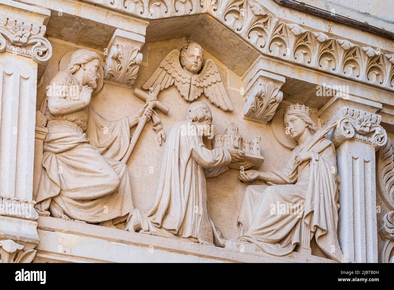 France, Ain, Ars-sur-Formans, Sanctuary of Ars dedicated to Saint Jean-Marie Vianney, patron saint of all priests in the universe, Saint-Sixtus basilica or Curé of Ars basilica, relief of St. Jean-Marie Vianney offering the new church to St. Philomena Stock Photo