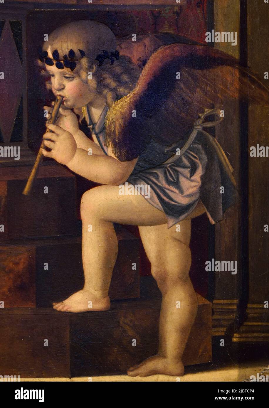 Italy, Venetia, Venice, listed as World Heritage by UNESCO, San Polo district, Basilica Santa Maria Gloriosa dei Frari, Angel playing flute under the throne of the Madonna and Child, Painting by Giovanni Bellini Stock Photo