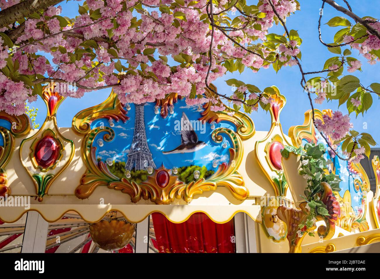 France, Paris, Vivaldi alley, 12th, cherry blossoms, carousel for children Stock Photo