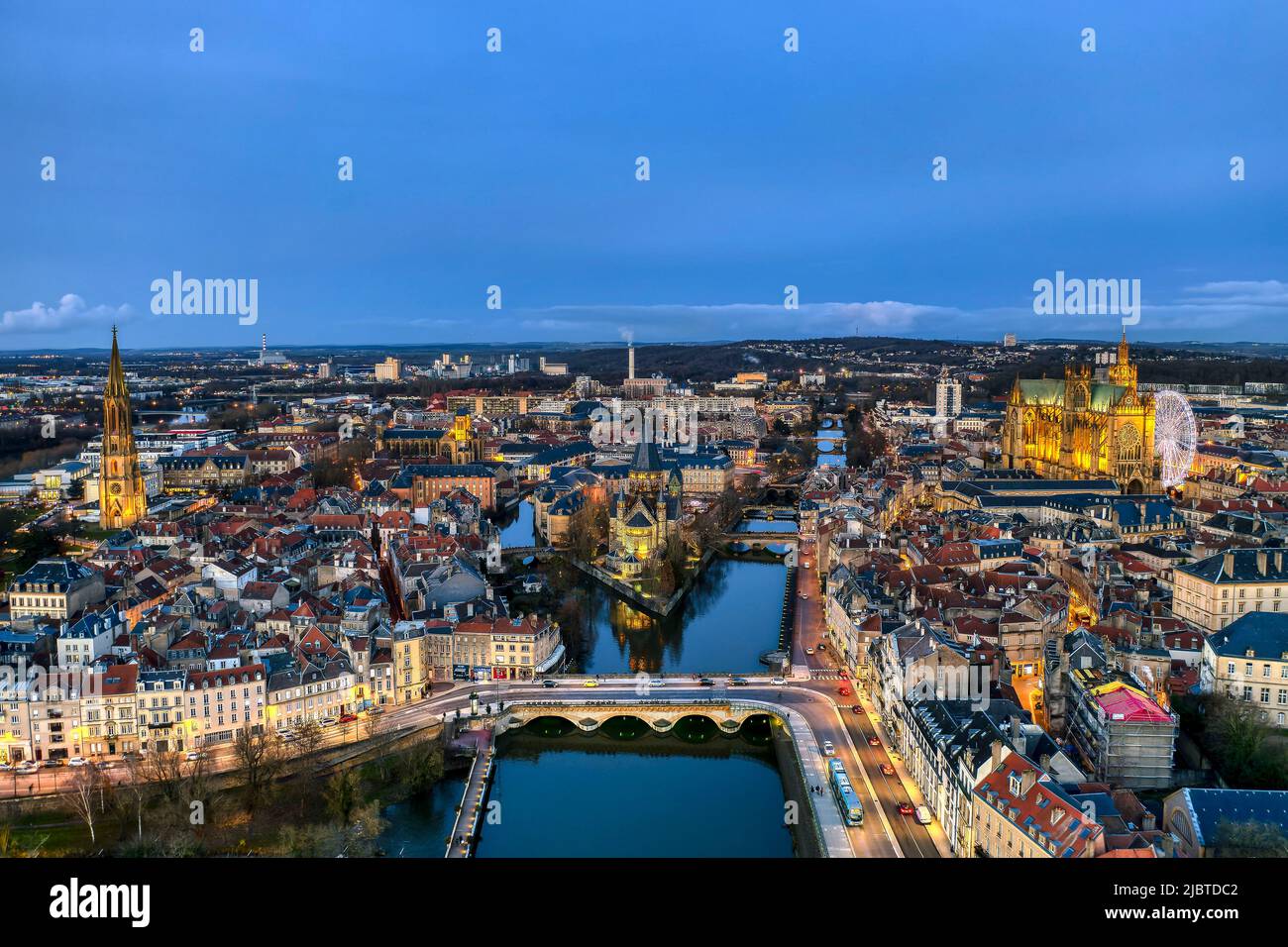 France, Moselle, Metz, view of the city center of Metz and the Moselle, illuminated (aerial view) Stock Photo