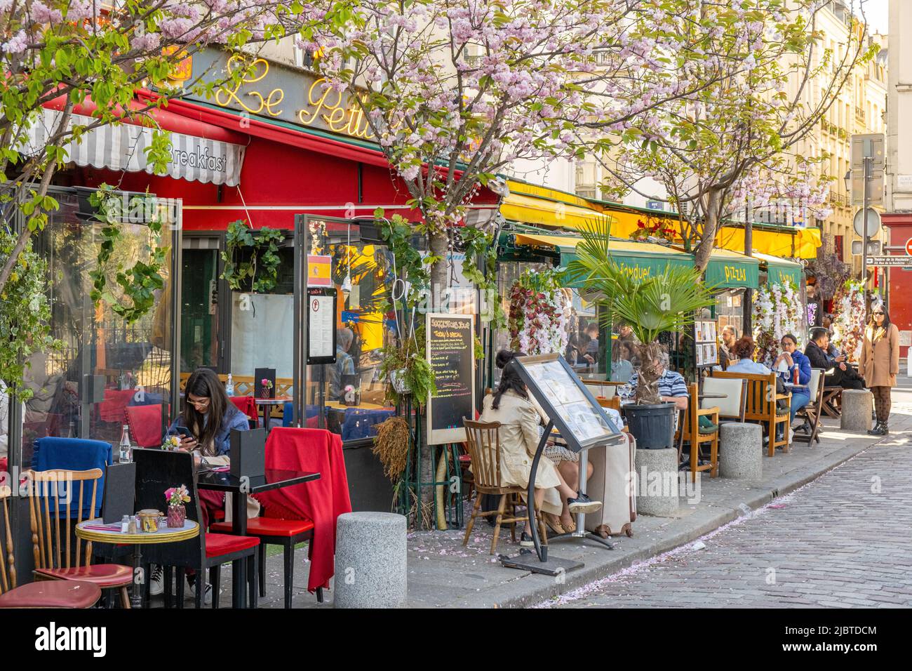 France, Paris, Saint Michel district, Rue de la Bucherie, cherry blossoms, the Petit Pont cafe Stock Photo