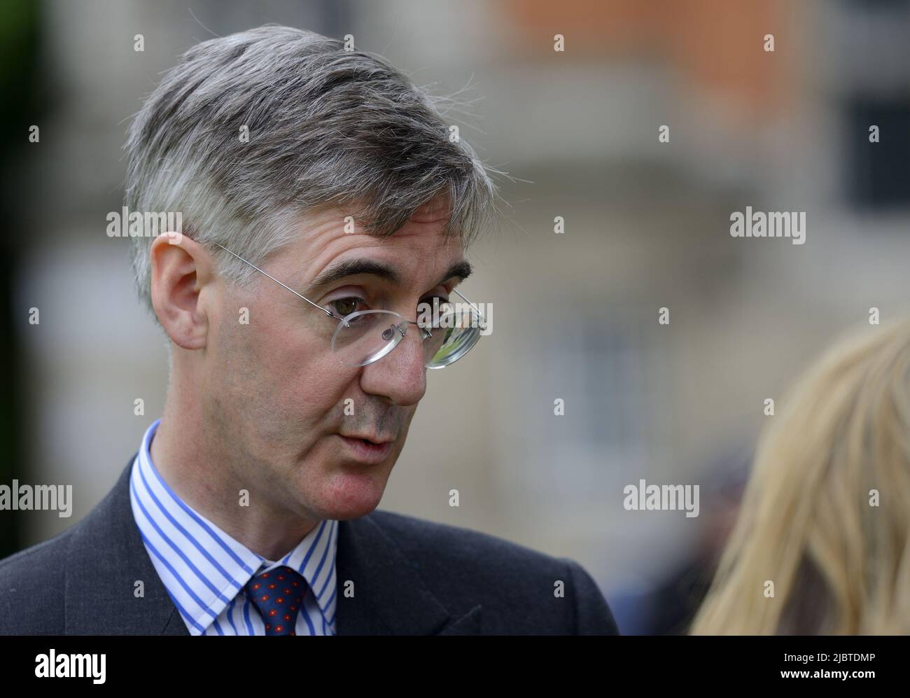 Jacob Rees-Mogg (Con: N E Somerset) Minister of State for Brexit Opportunities - in Westminster, being interviewed (by Victoria Derbyshire) before a v Stock Photo
