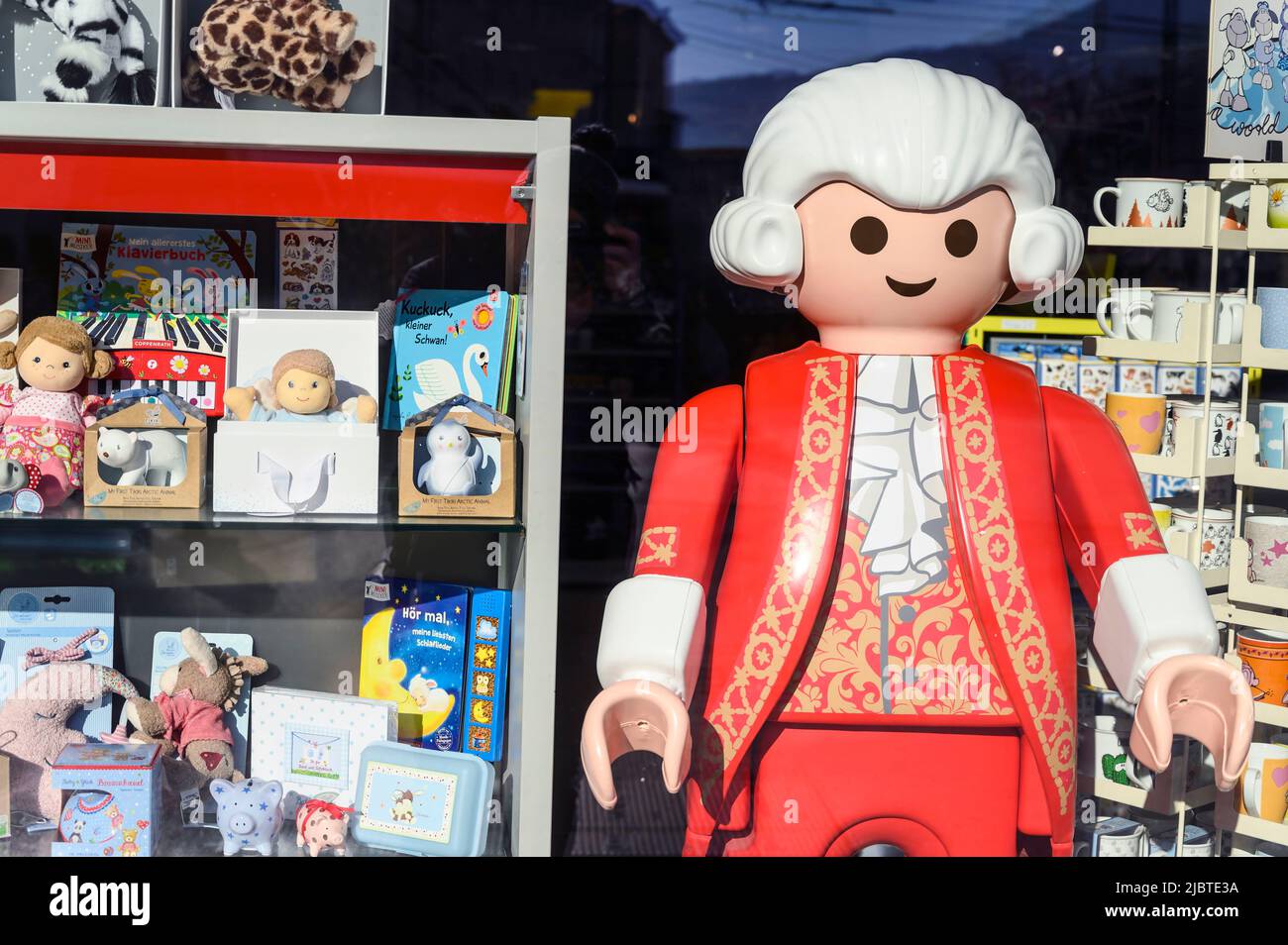 Austria, Salzburg, showcase shop with Playmobil Mozart Stock Photo - Alamy