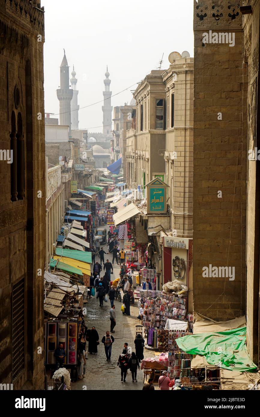 Egypt, Cairo, Islamic Cairo, old town listed as World Heritage by UNESCO, Al Moez Ldin Allah street and Bab Zuwayla gate in the background Stock Photo