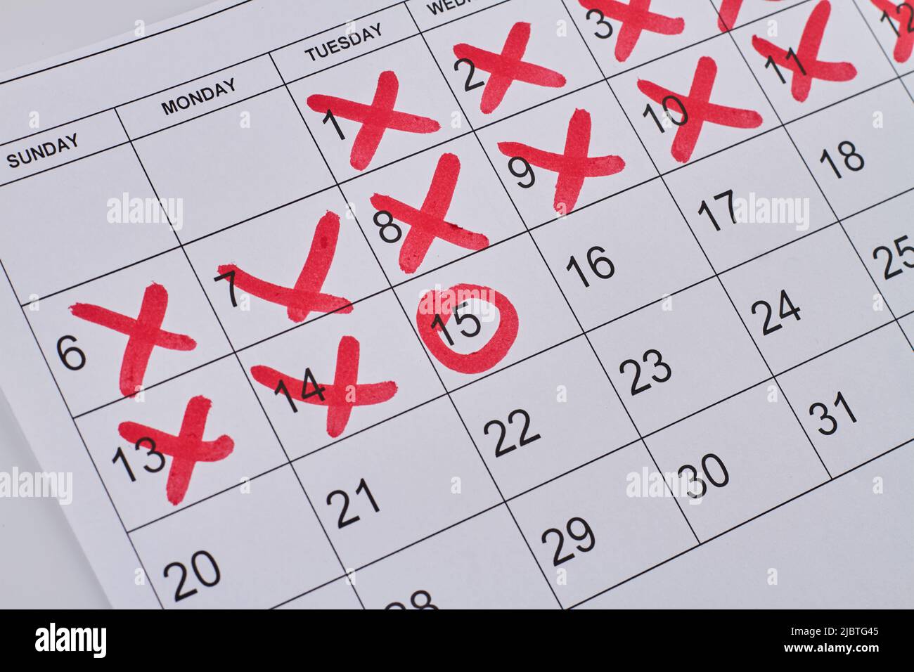 Paper calendar with red crosses and circle closeup-up. Business ...