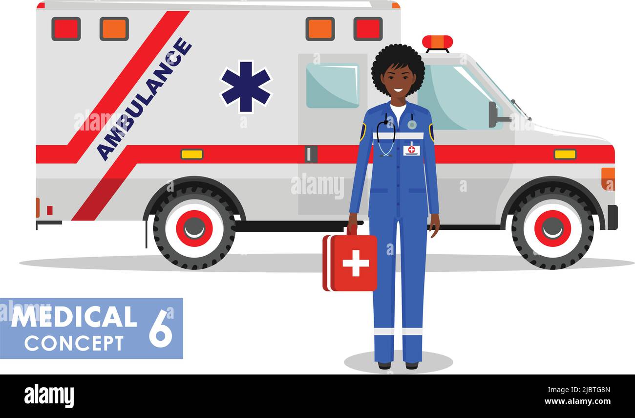 Detailed illustration of african american medical people and ambulance car in flat style on white background. Stock Vector