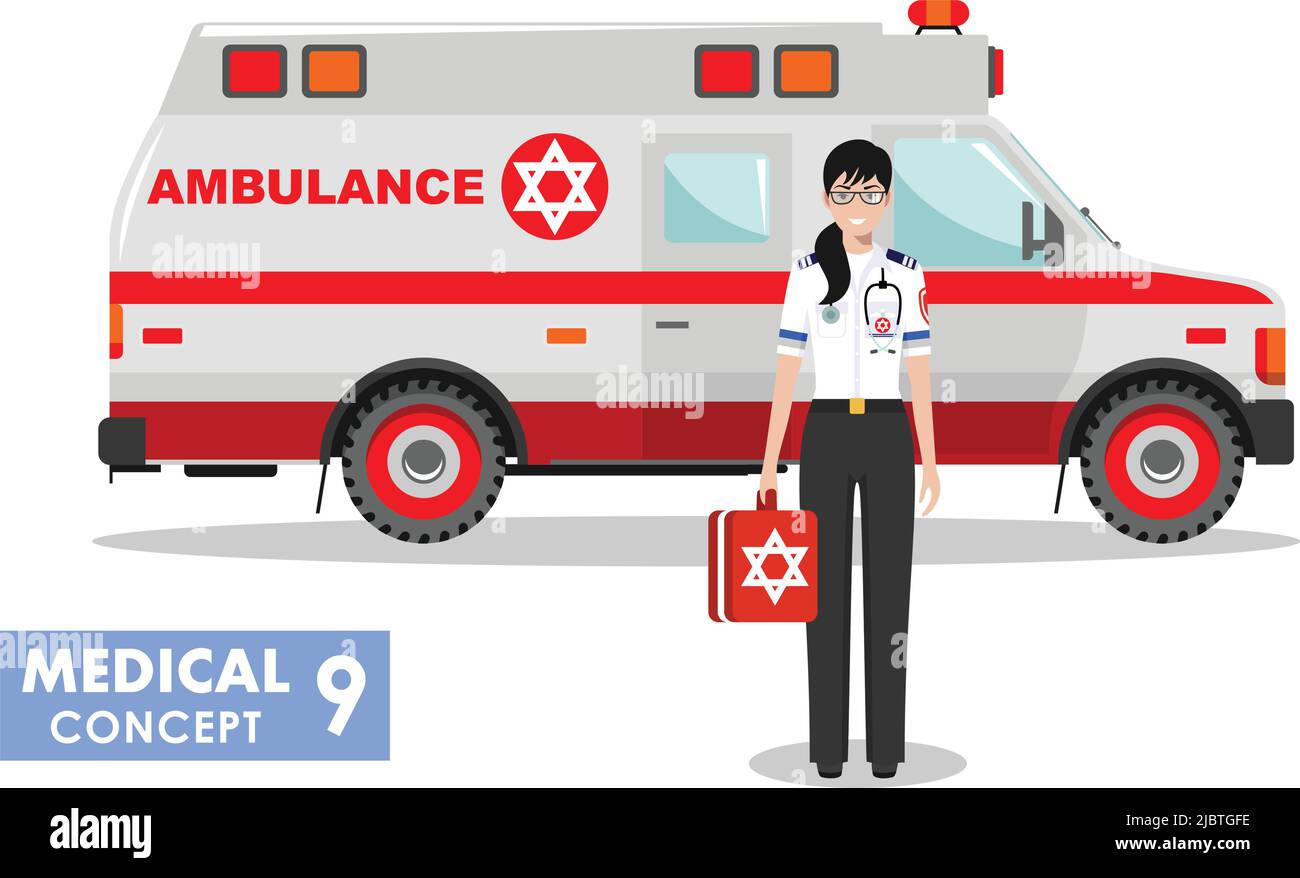 Detailed illustration of jewish medical people and ambulance car in flat style on white background. Stock Vector