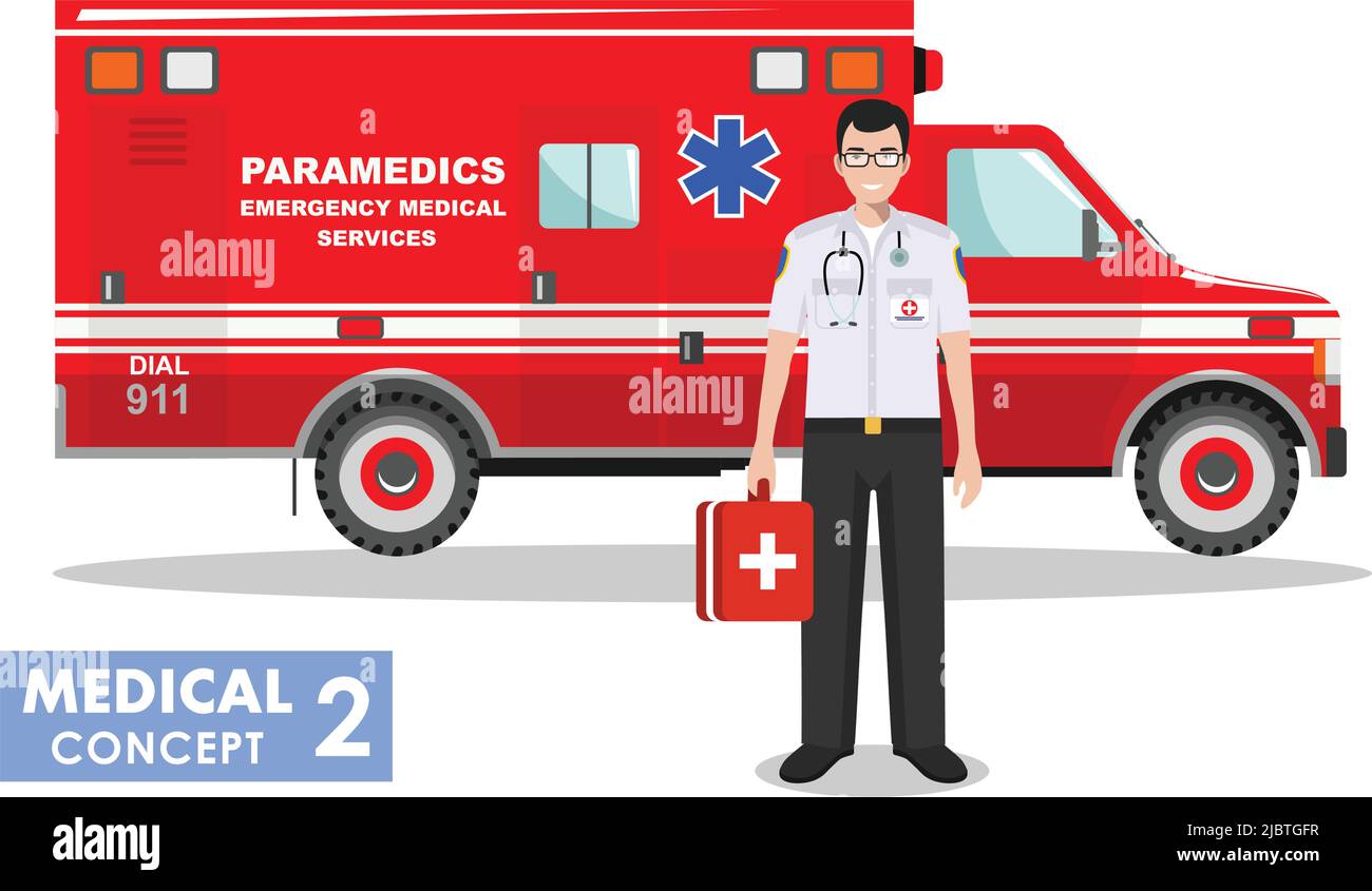 Detailed illustration of medical people and ambulance car in flat style on white background. Stock Vector