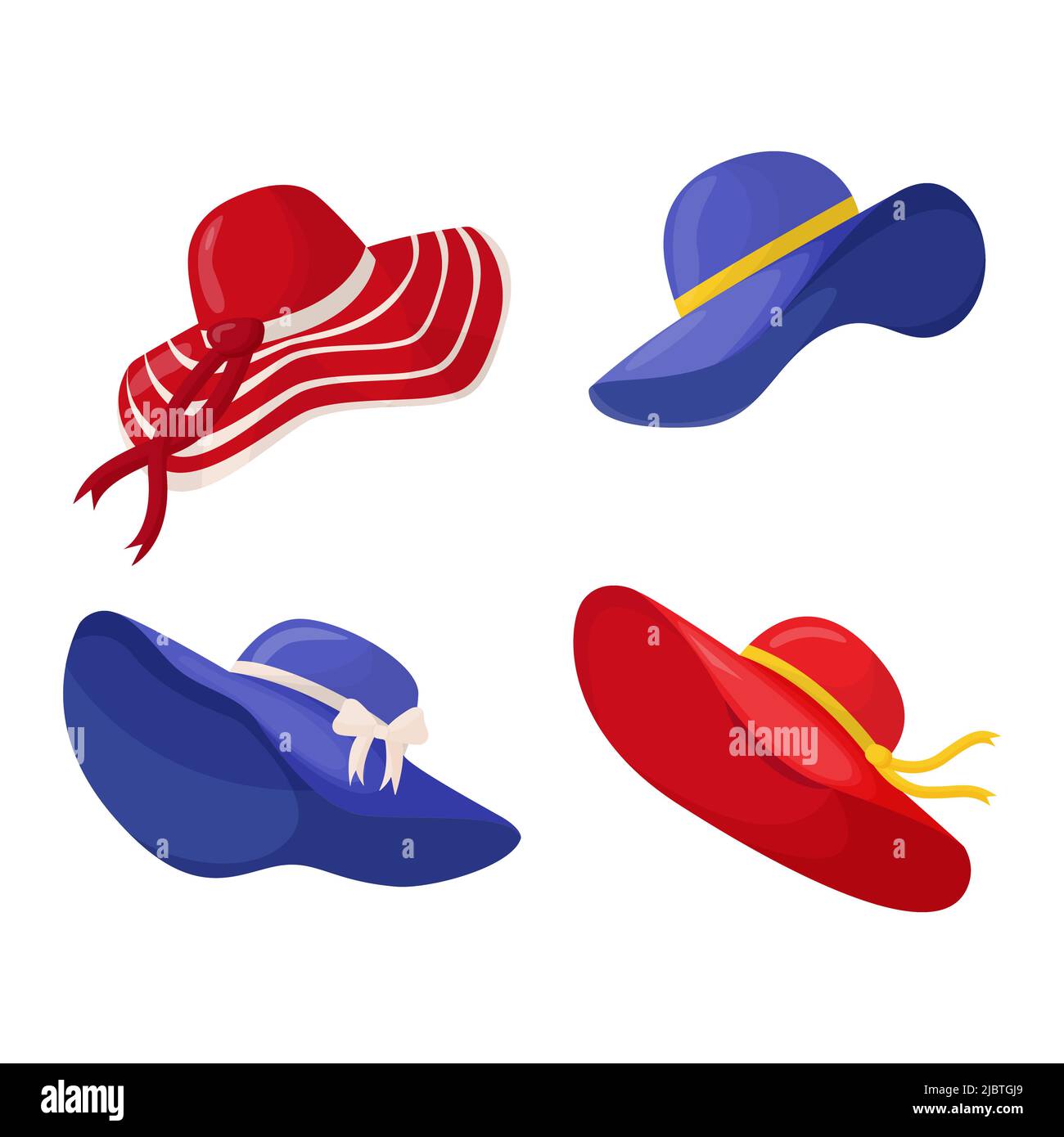 Set of beautiful women’s summer hats in different colors and 