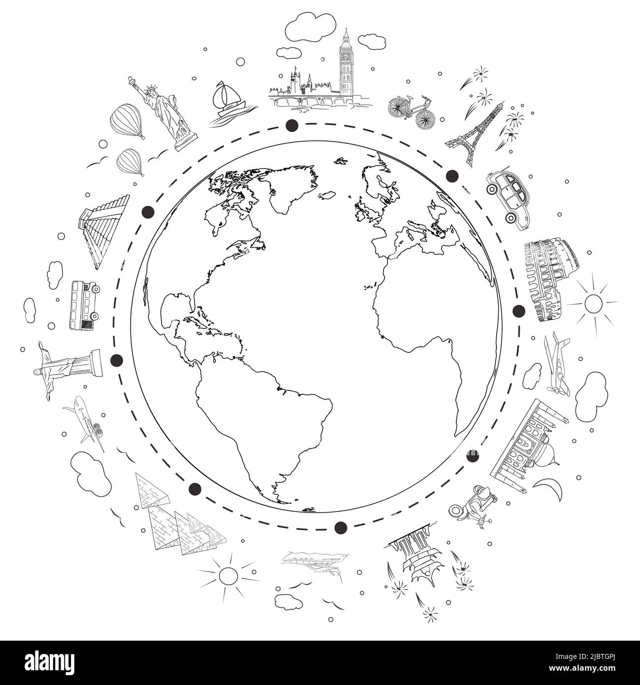 Travel black and white sketch. Earth  with attractions and trip transport. Vector illustration for travel agency. Stock Vector