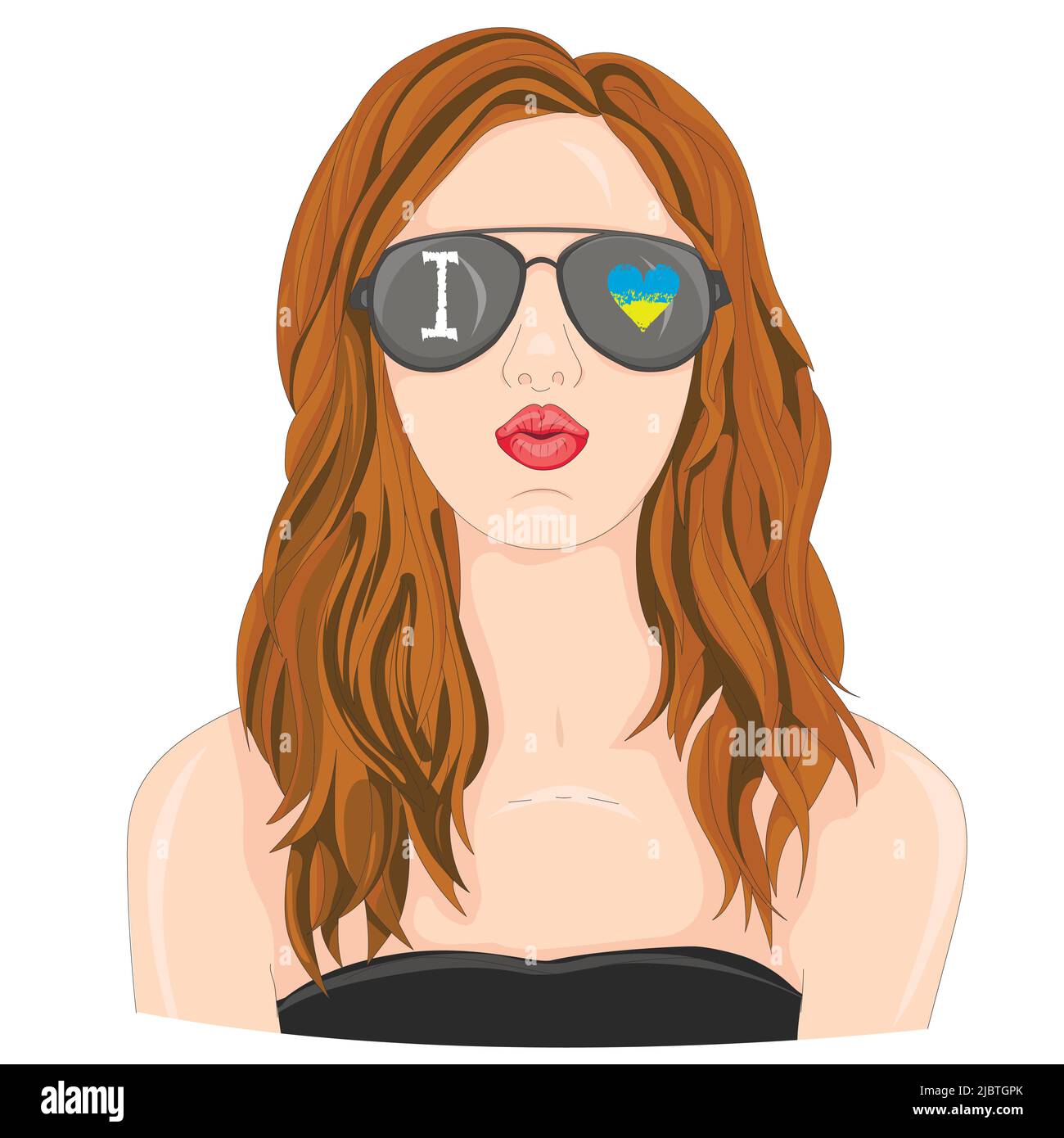 I love Ukraine. Vector Illustration. Girl in the sunglasses with the inscription and flag of Ukraine in the shape of a heart. Stock Vector