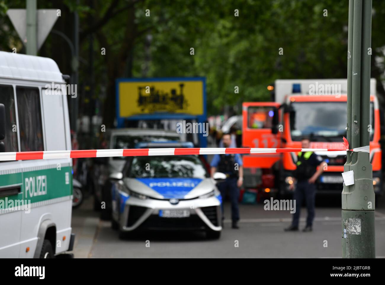 Berlin, Germany. 8th June, 2022. Police stand guard at the scene after a vehicle crashed into a crowd in Berlin, Germany, June 8, 2022. A vehicle crashed into a crowd of people in Berlin's Charlottenburg locality, leaving one person killed and more than a dozen injured, German news agency dpa reported on Wednesday. Credit: Ren Pengfei/Xinhua/Alamy Live News Stock Photo