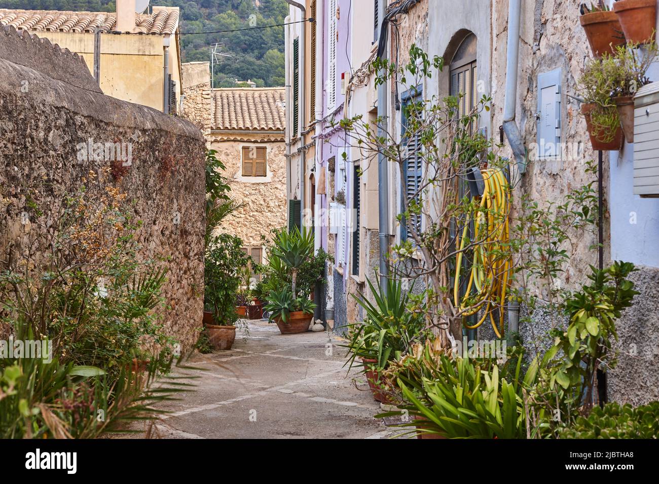 Picturesque stone street in Mallorca island. Bunyola village. Baleares Stock Photo