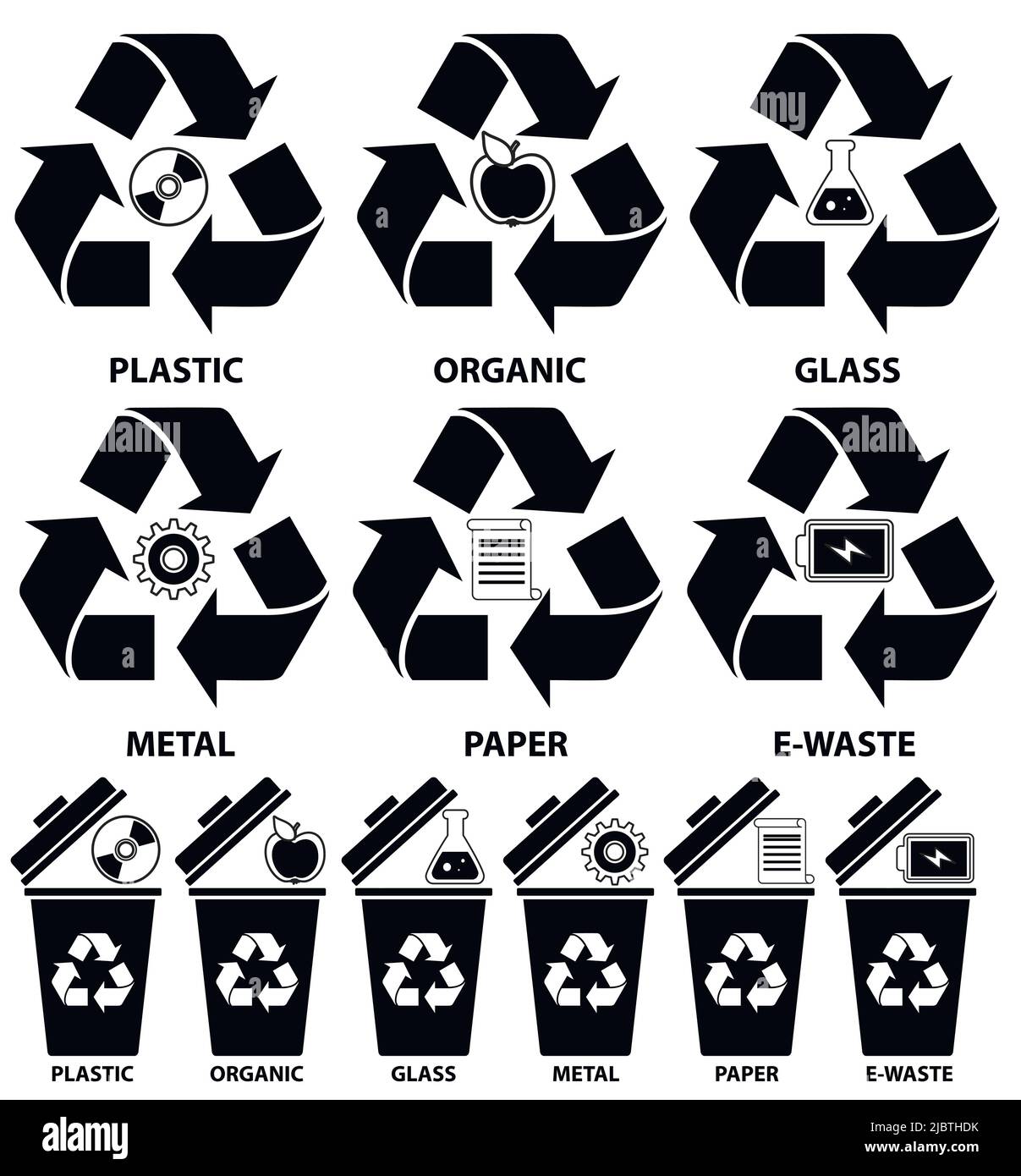 Rubbish bin icons with different types of garbage: Organic, Plastic, Metal, Paper, Glass, E-waste for recycling concept in flat style. Stock Vector
