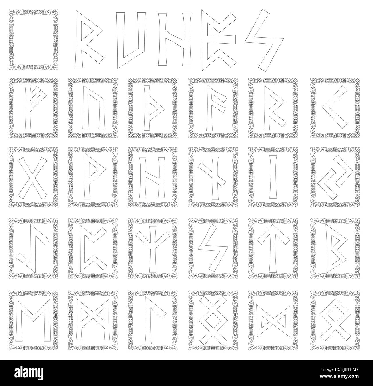 Runes. Alphabet in the form of symbols with ornaments in the Celtic style. Black frame. Vector. Stock Vector