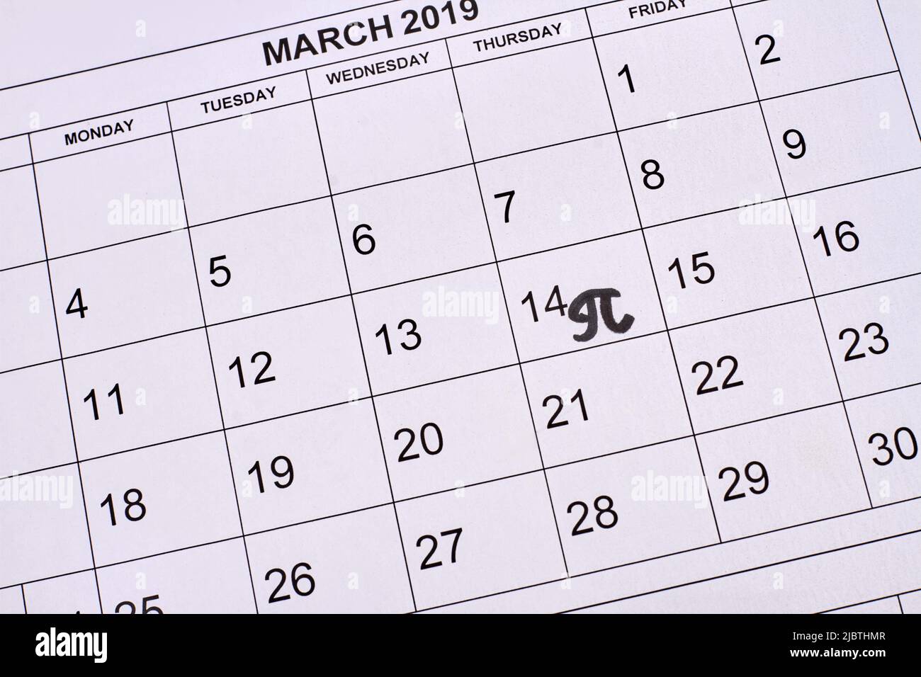 March calendar with pi number mark on the 14th day. Number pi day. Stock Photo