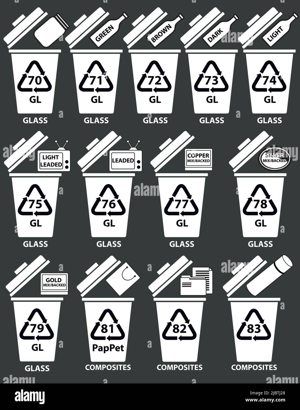 Recycling codes for glass composites. Recycling bins illustration with
