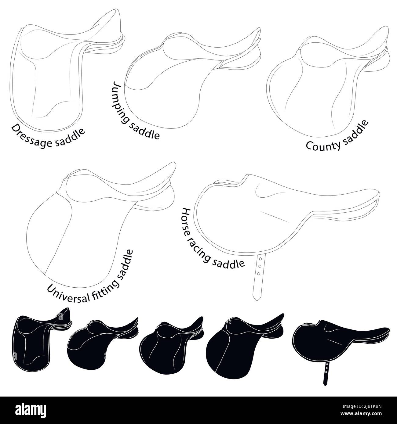 Saddles for riding. Black and white illustration types of saddles. Similarities and differences for study in specialized educational institutes. Stock Vector