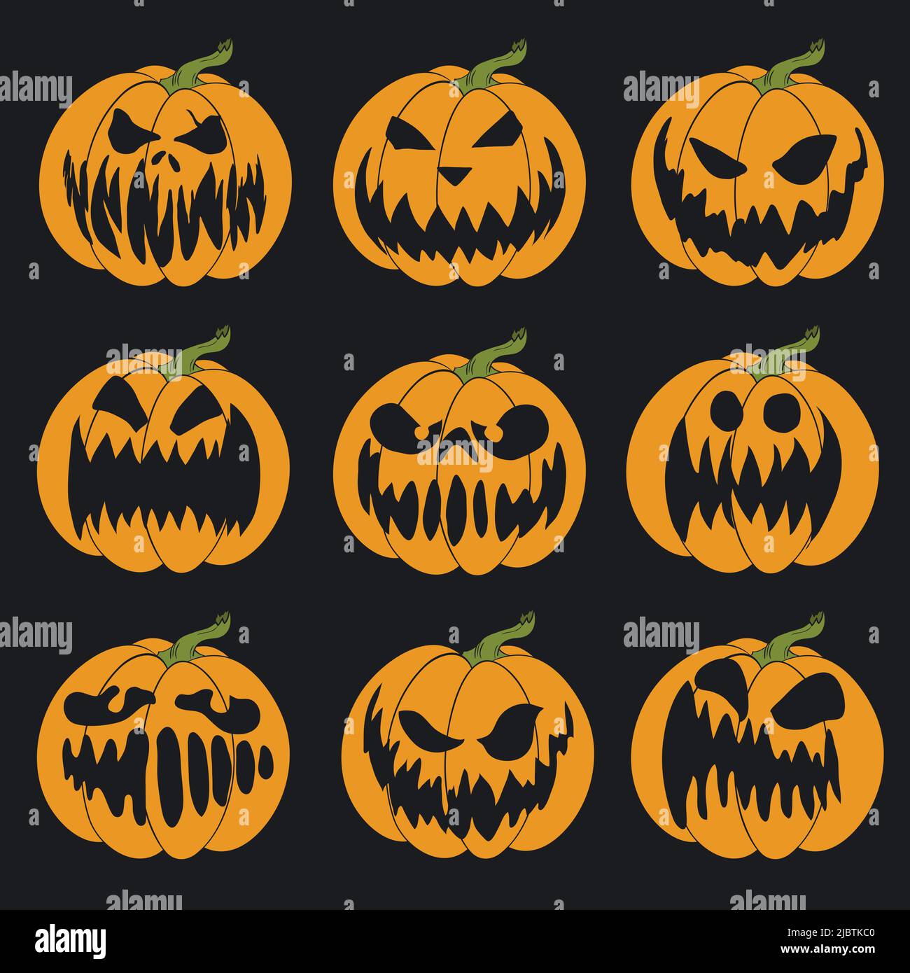 Halloween stencil. Vector illustration of Jack-o'-lantern for cards, banners, stickers, flyers. Colored set of pumpkin's faces on black background. Stock Vector