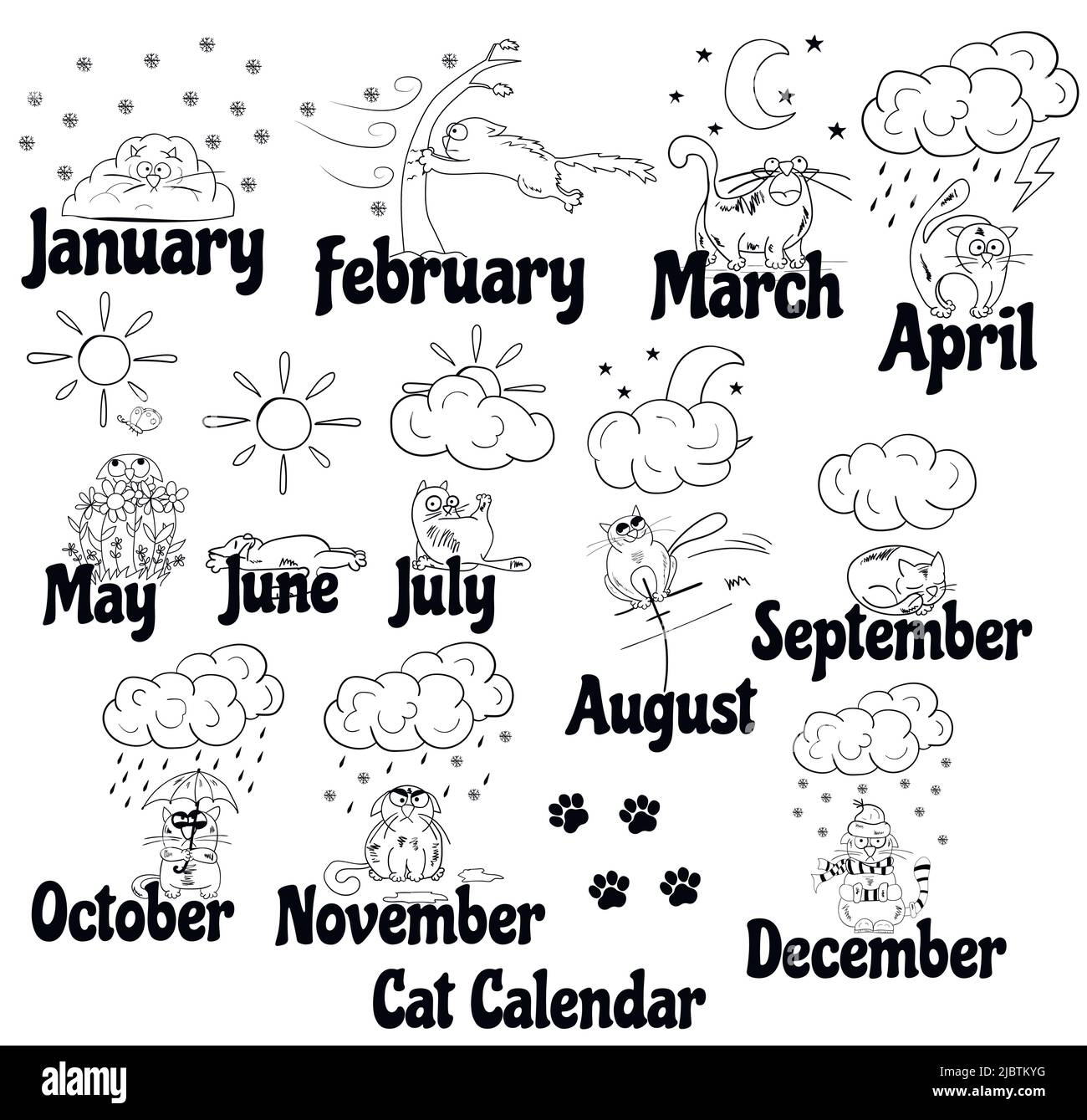 Cat calendar. Funny cat drawn by hand at different times of the year. Illustration of weather and seasons. The reaction of the cat to the weather. Stock Vector