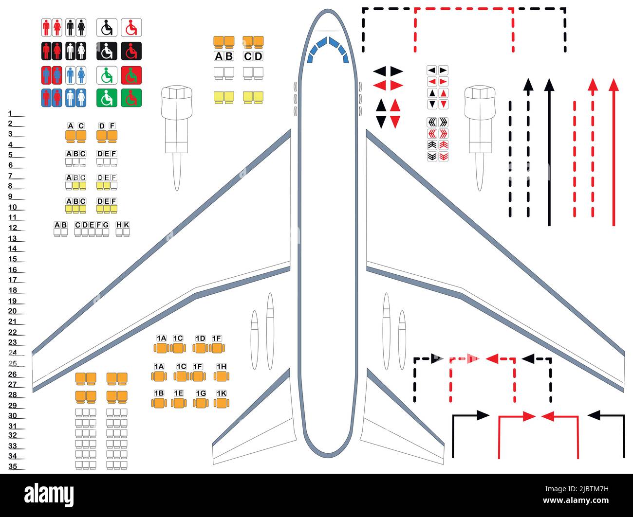 Plane. Illustration of airplane parts for the assembly of the cabin. A universal set of airplane fragments that can be used as a background. Stock Vector