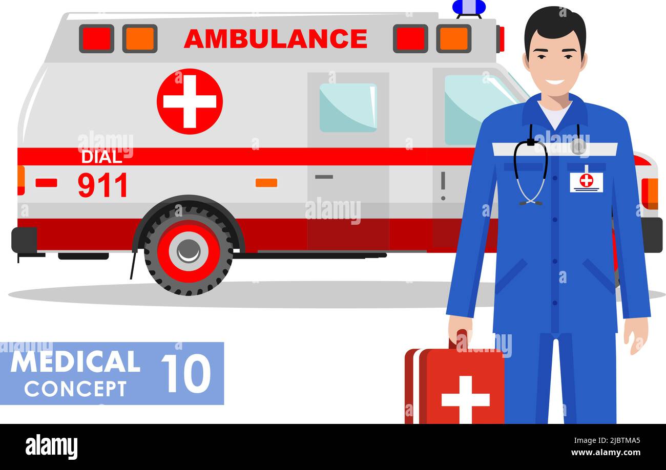 Detailed illustration of medical people and ambulance car in flat style on white background. Stock Vector