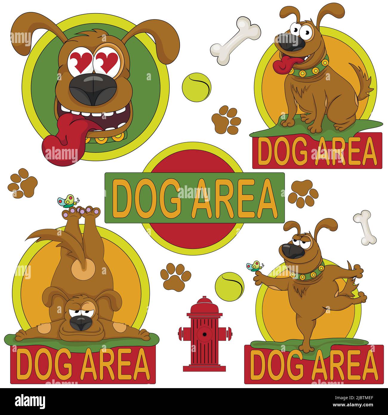 Dog area. Vector illustration to indicate areas of land that are intended for dogs. Set of colored icons and stickers. Stock Vector