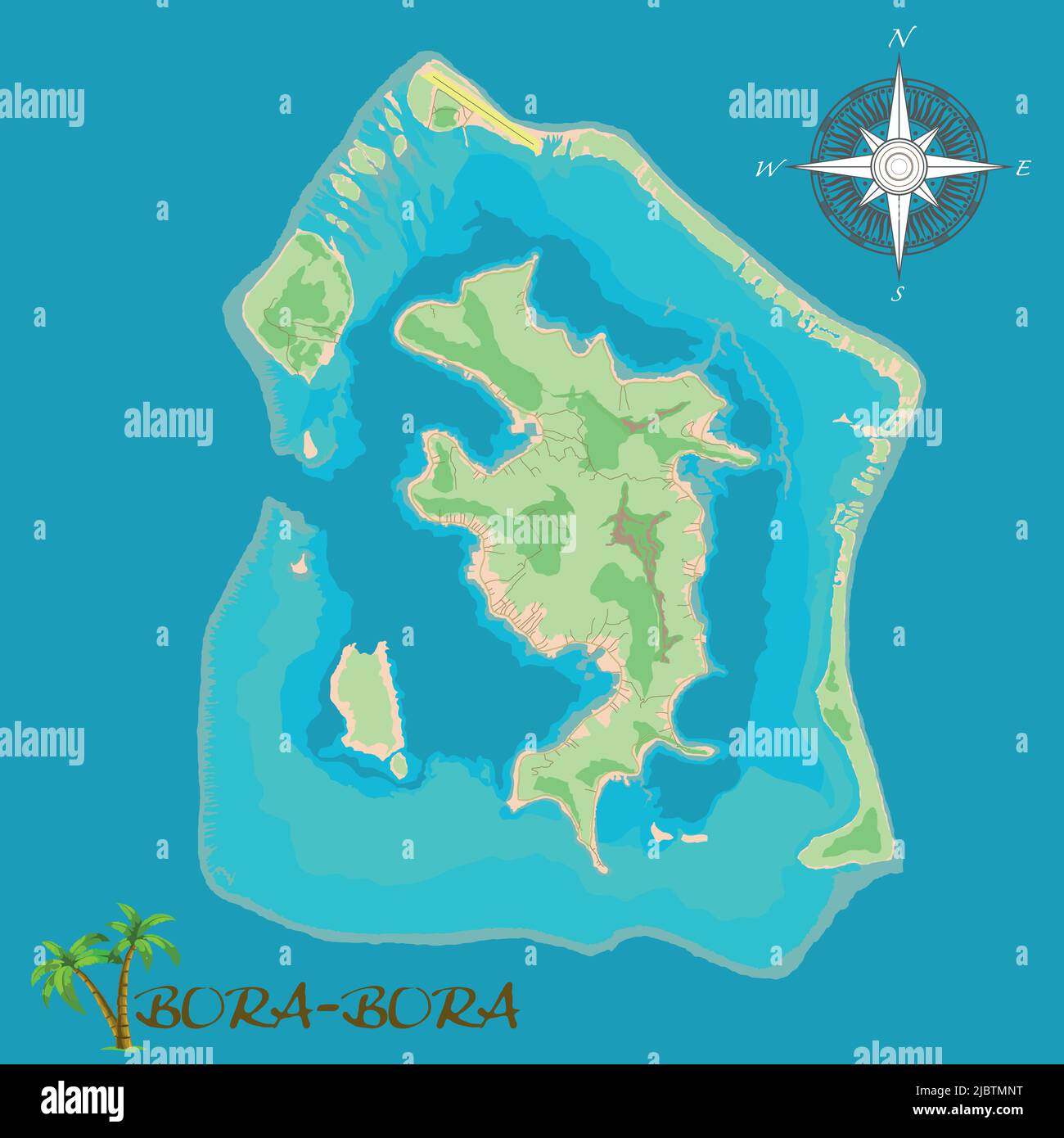 Bora-Bora Island. Realistic satellite background map with roads and airport location. Drawn with cartographic accuracy. A bird's-eye view. Stock Vector