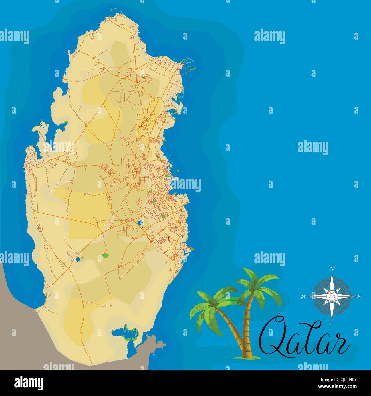 Qatar. Realistic satellite background map with roads. Drawn with cartographic accuracy. A bird's-eye view. Stock Vector