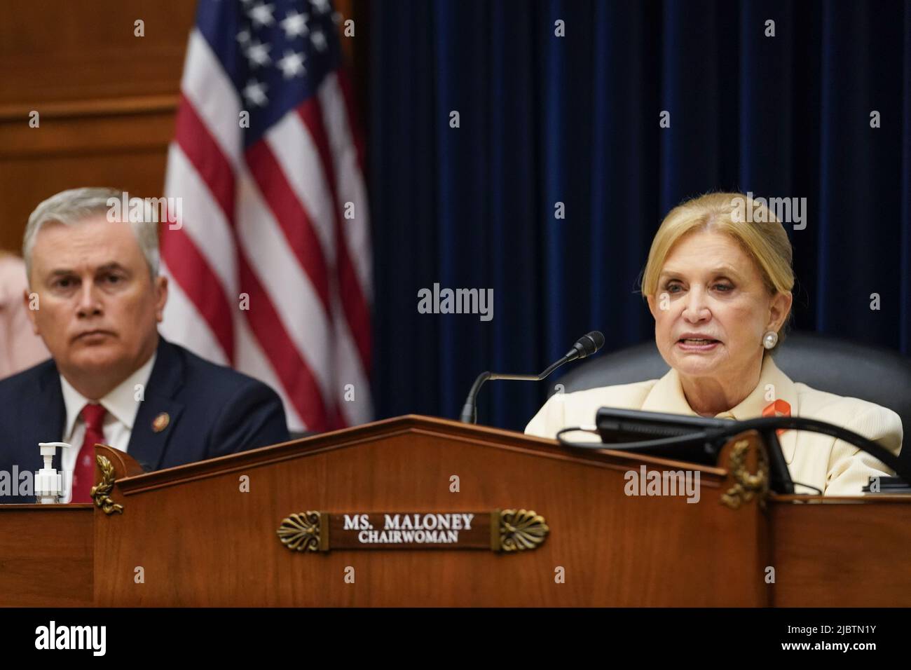 Washington, United States. 08th June, 2022. Chairwoman Rep. Carolyn Maloney, D-NY, speaks as Ranking member Rep. James Comer Jr., R-KY, (R) listens during a House Committee on Oversight and Reform hearing on gun violence on Capitol Hill in Washington, DC on Wednesday, June 8, 2022. Pool photo by Andrew Harnik/UPI Credit: UPI/Alamy Live News Stock Photo