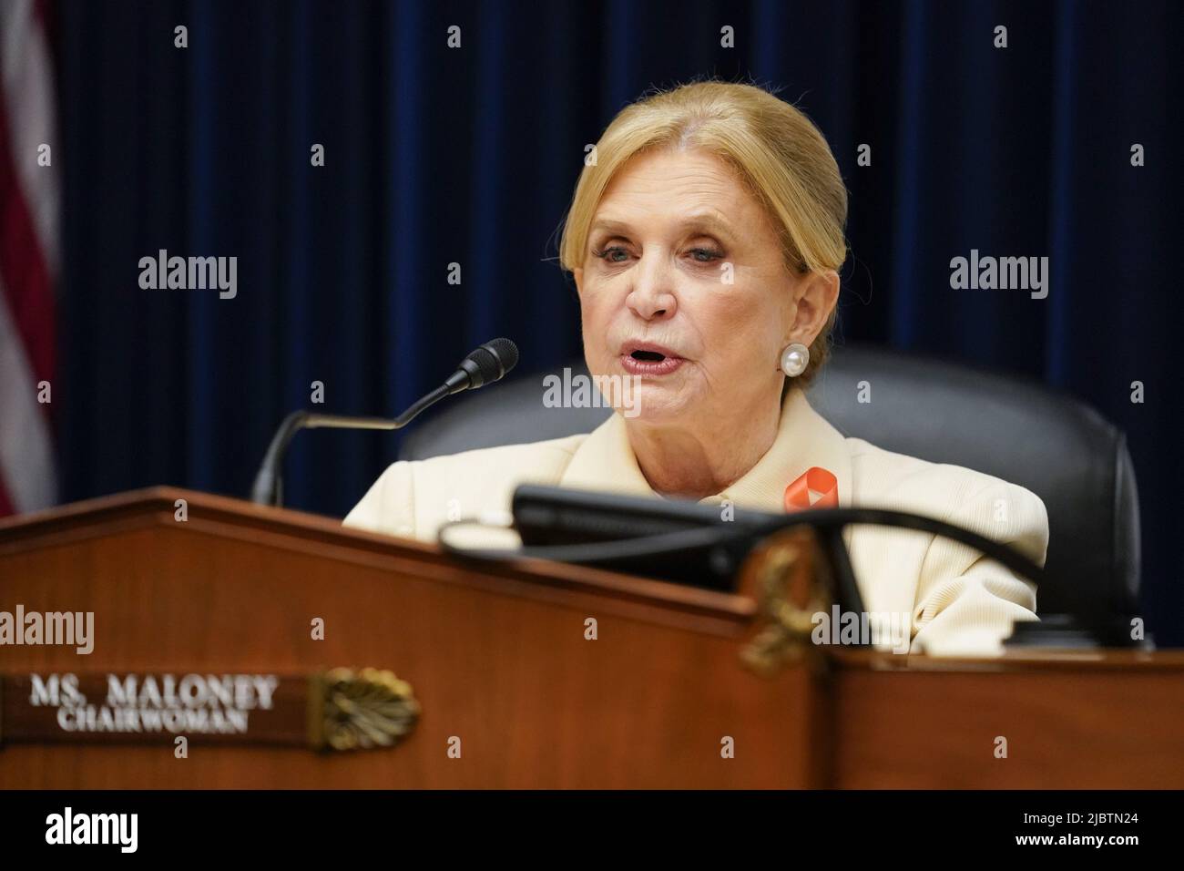 Washington, United States. 08th June, 2022. Chairwoman Rep. Carolyn Maloney, D-NY, speaks during a House Committee on Oversight and Reform hearing on gun violence on Capitol Hill in Washington, DC on Wednesday, June 8, 2022. Pool photo by Andrew Harnik/UPI Credit: UPI/Alamy Live News Stock Photo